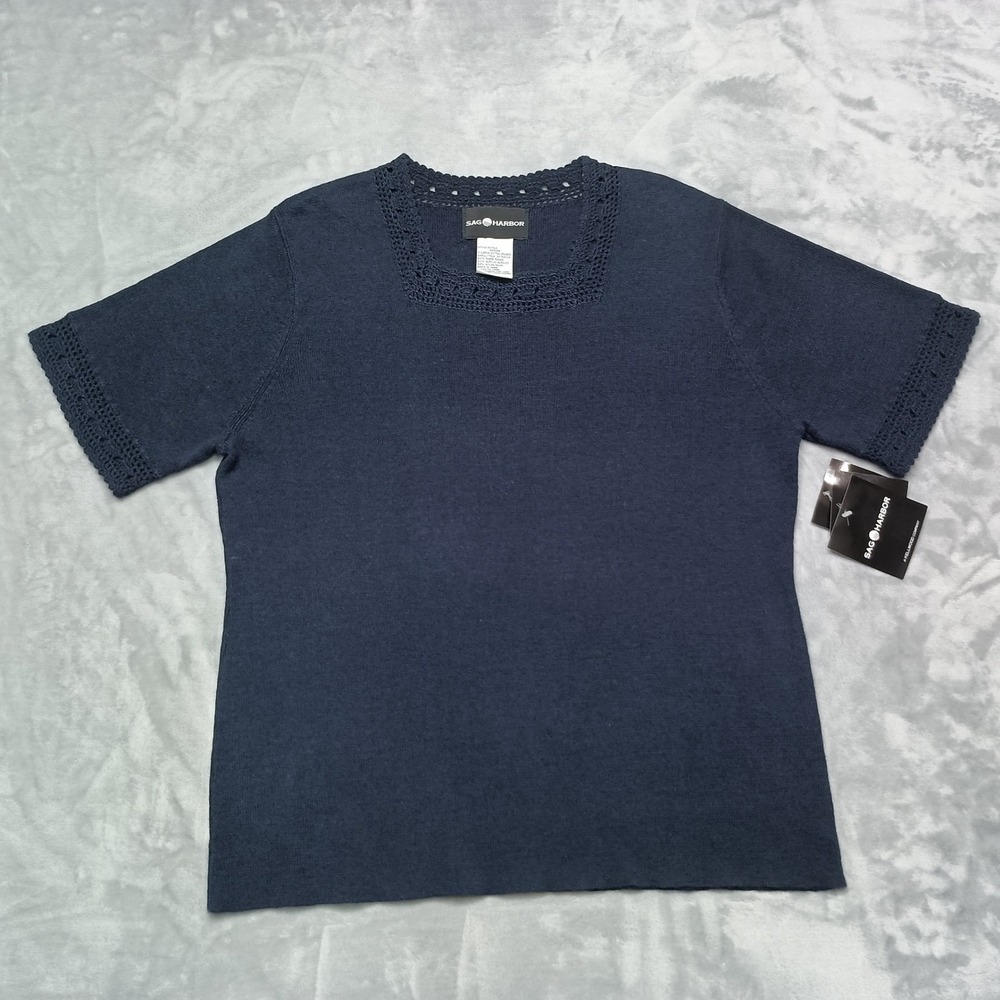 Sag Harbor Shirt Womens XL Navy Blue Crochet Square Neck Short Sleeve Knit Top